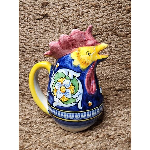 Pottery Majolica Rooster Pitcher Handmade Painted Italy Marked Dip. A Mano 9.5" - Picture 5 of 10